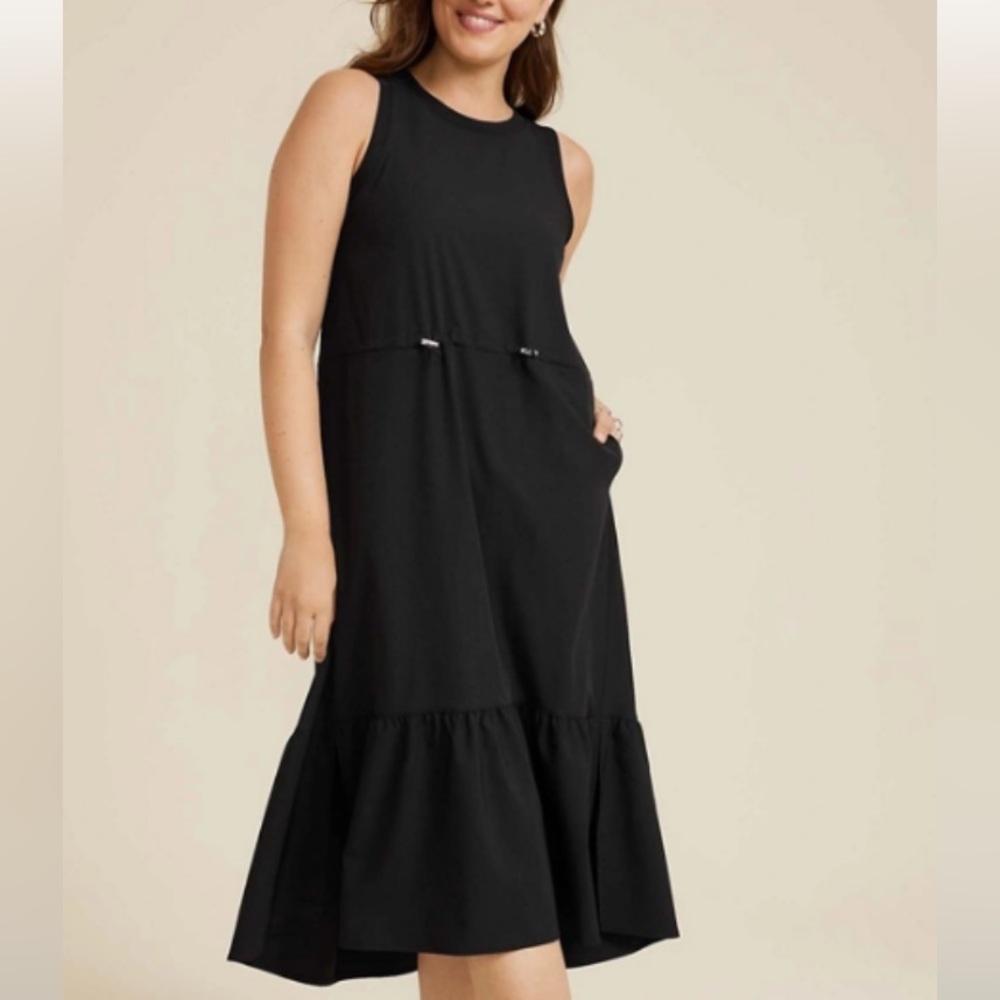 Maurice’s black midi dress with pull tan waist. Pockets